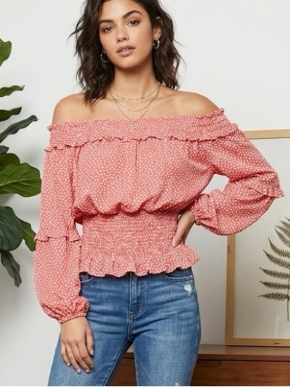 Max Edition On or off Shoulder Pink PolkaDot Smocked Blouse